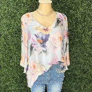 Elegant Floral V-Neck Blouse - Pastel Hues